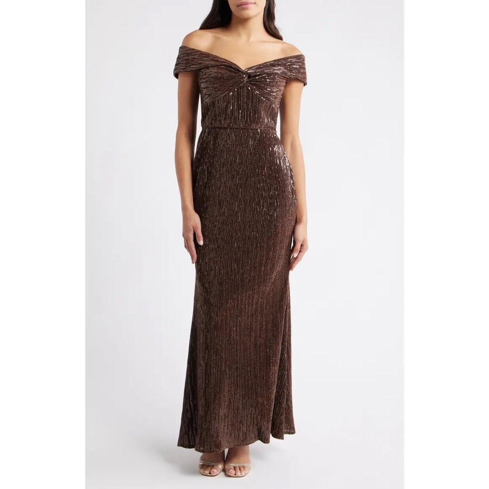 New Eliza J Sequin Twist Off The Shoulder Maxi Gown Size 14